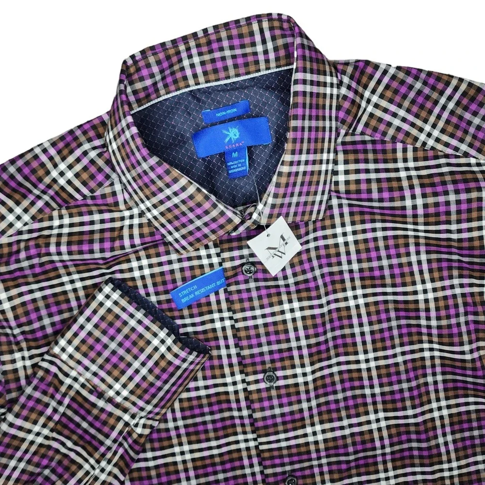 Egara Men's M Long Sleeve Slim Fit Button Up Shirt Purple Windowpane Check Plaid